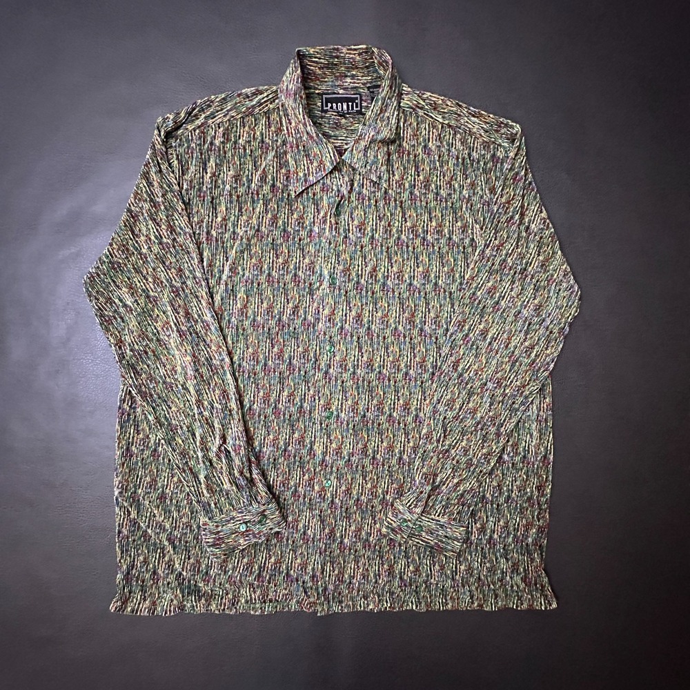 Vtg Pronti Loop Collar Shirt Mens XL Green Ribbed Textured 1990s Disco Flowy